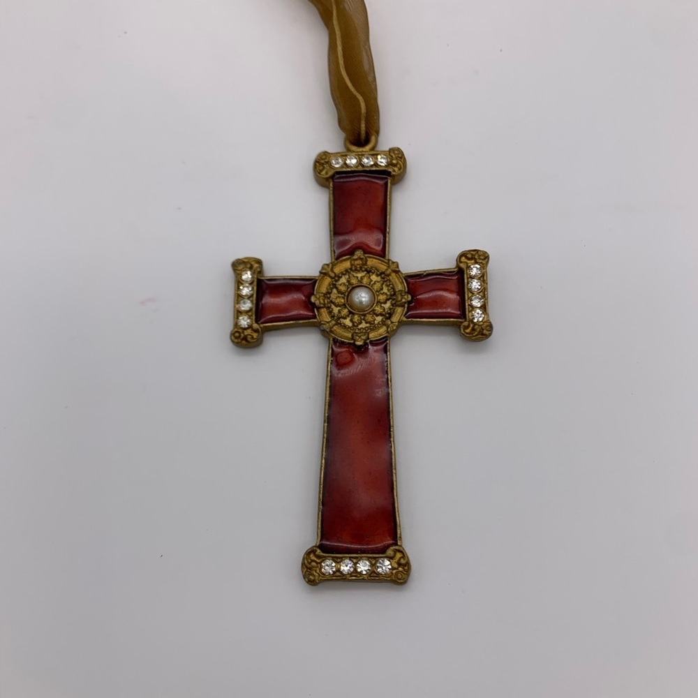 Vtg. Byzantine Casa Cristina Red Enable Gold Tone Metal Cross Ornament Pendant